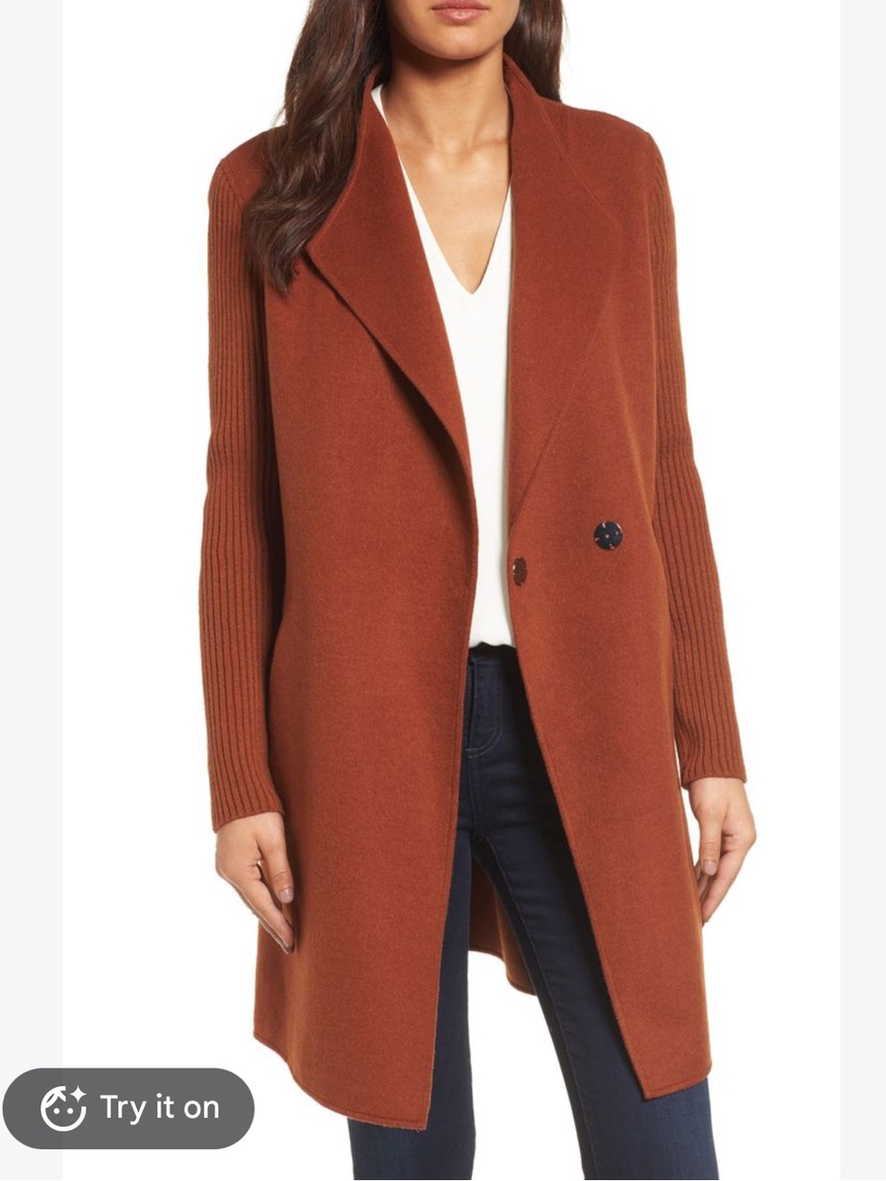 KENNETH COLE Ribbed Knit Sleeve Longline Coat Burnt Orange Size Large